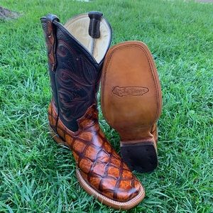 Men's Fish Print piraruco Square Toe CowBoy Boots